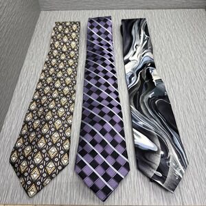 Lot of 3 Silk Ties Abstract Geometric Purple Gray Retro Y2K Statement‎ Menswear